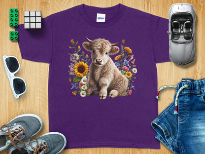 Purple T-shirt with Cute Highland Cow and Flowers product