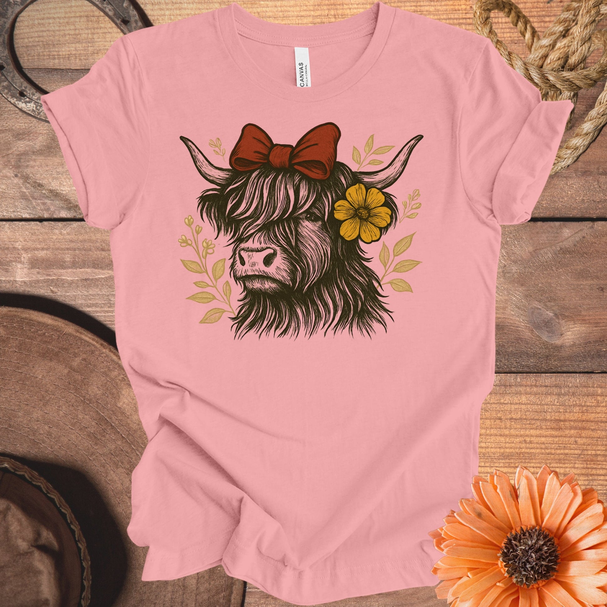 Highland Cow with Bow and Flower Graphic T-shirt product type
