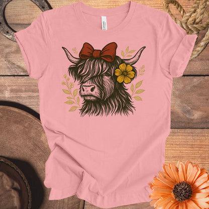 Highland Cow with Bow and Flower Graphic T-shirt product type