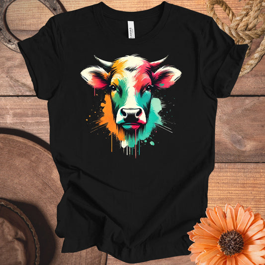 Colorful Artistic Cow Design on Black T-shirt product type