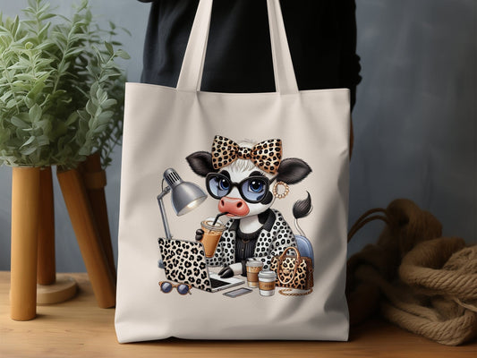 Adorable Cow with Office Items Printed Tote Bag product