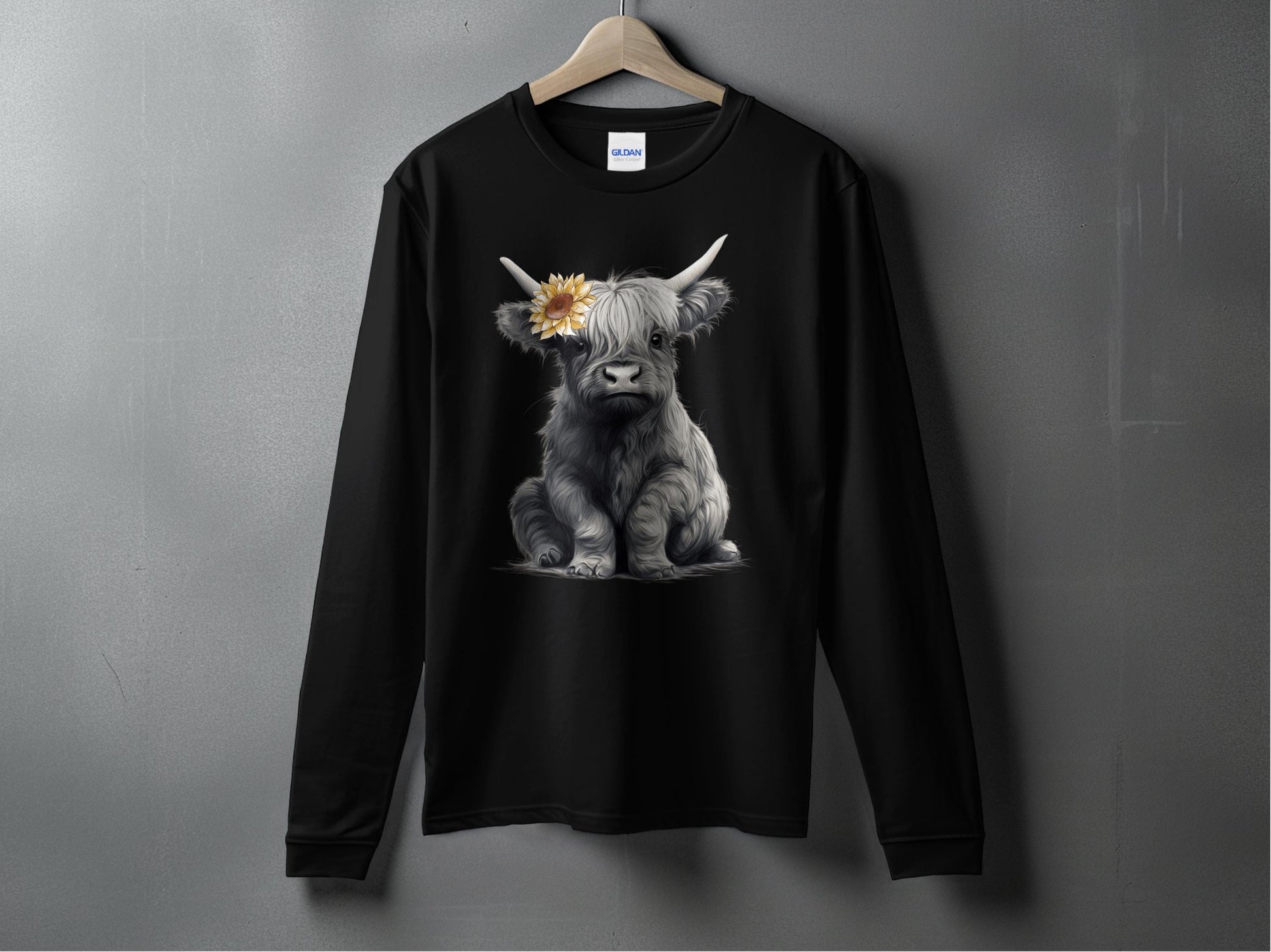 Adorable Highland Cow Flower Design Long Sleeve Shirt product