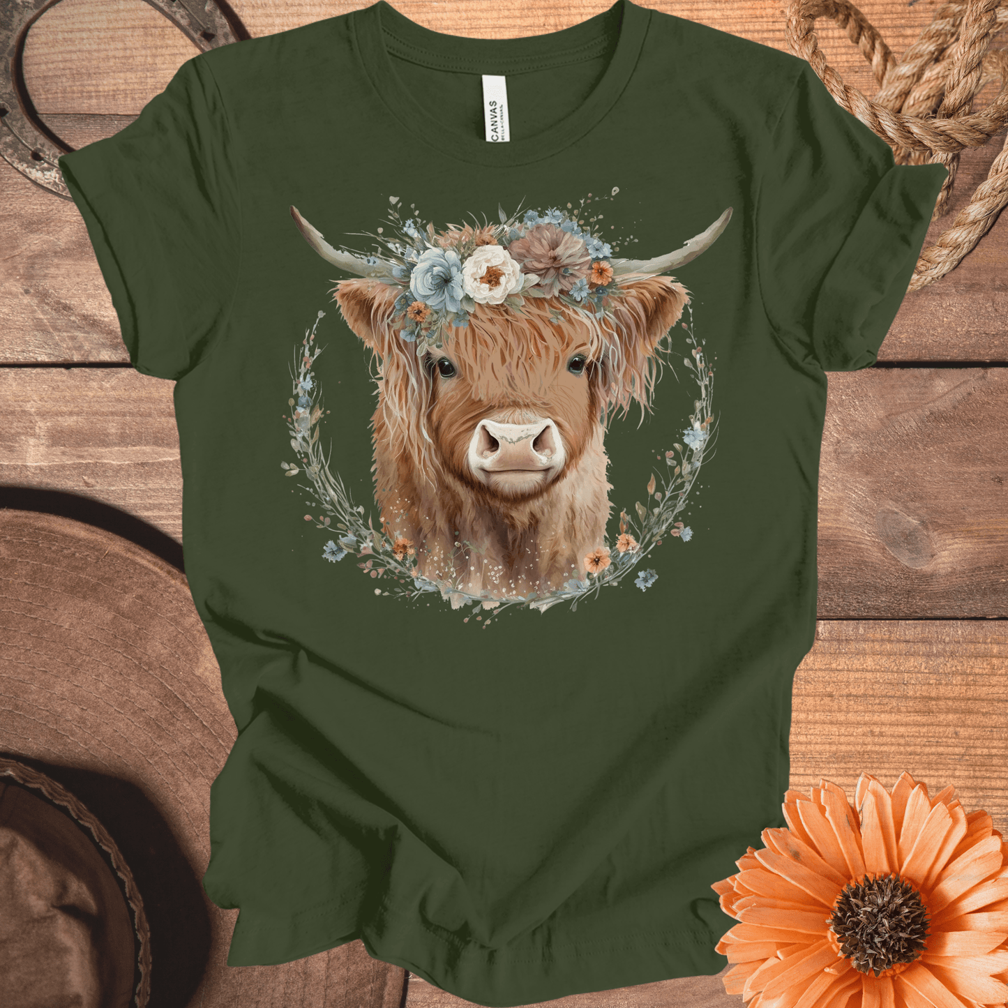 Highland Cow Watercolor Floral Crown Tee