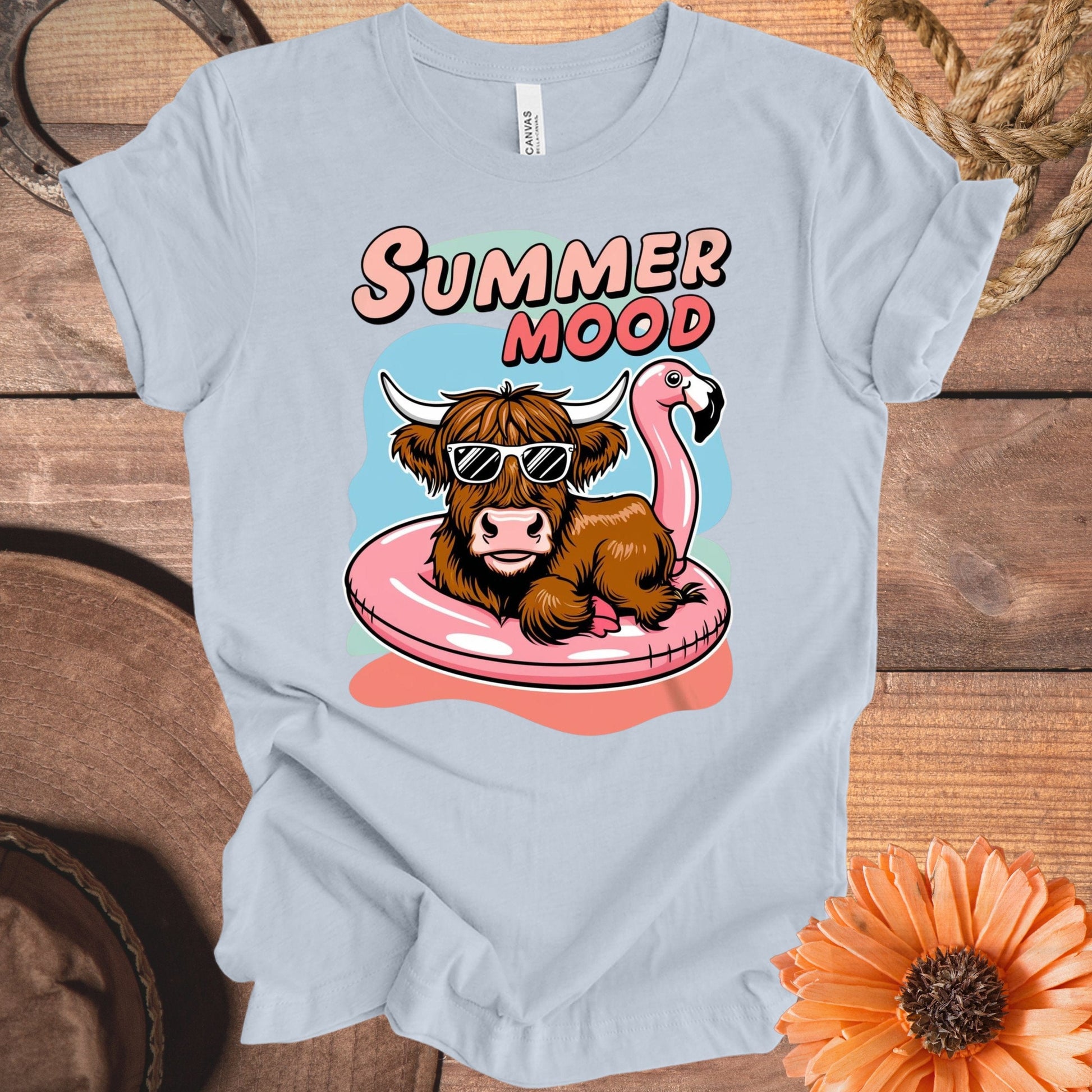 Summer Mood Cartoon Cow and Flamingo Graphic Tee product