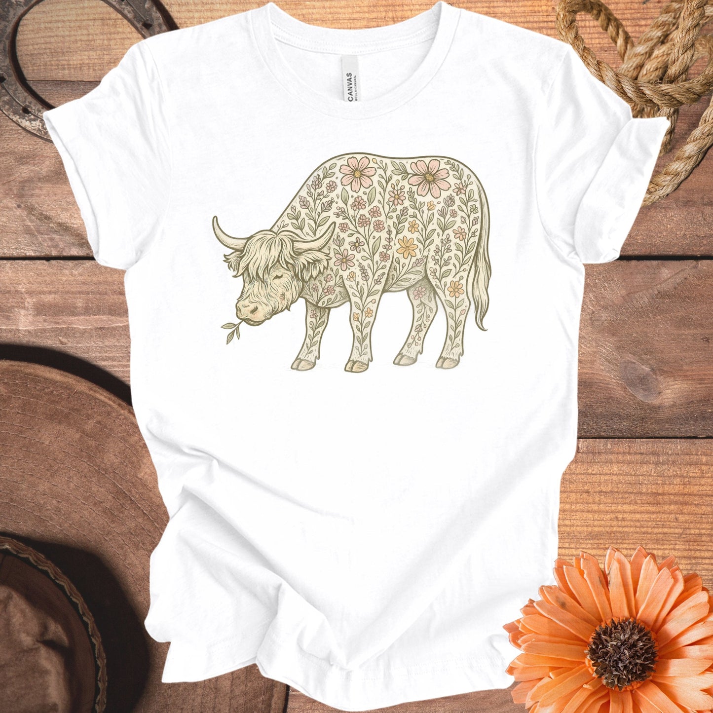 Floral Patterned Cow Graphic on White T-Shirt product