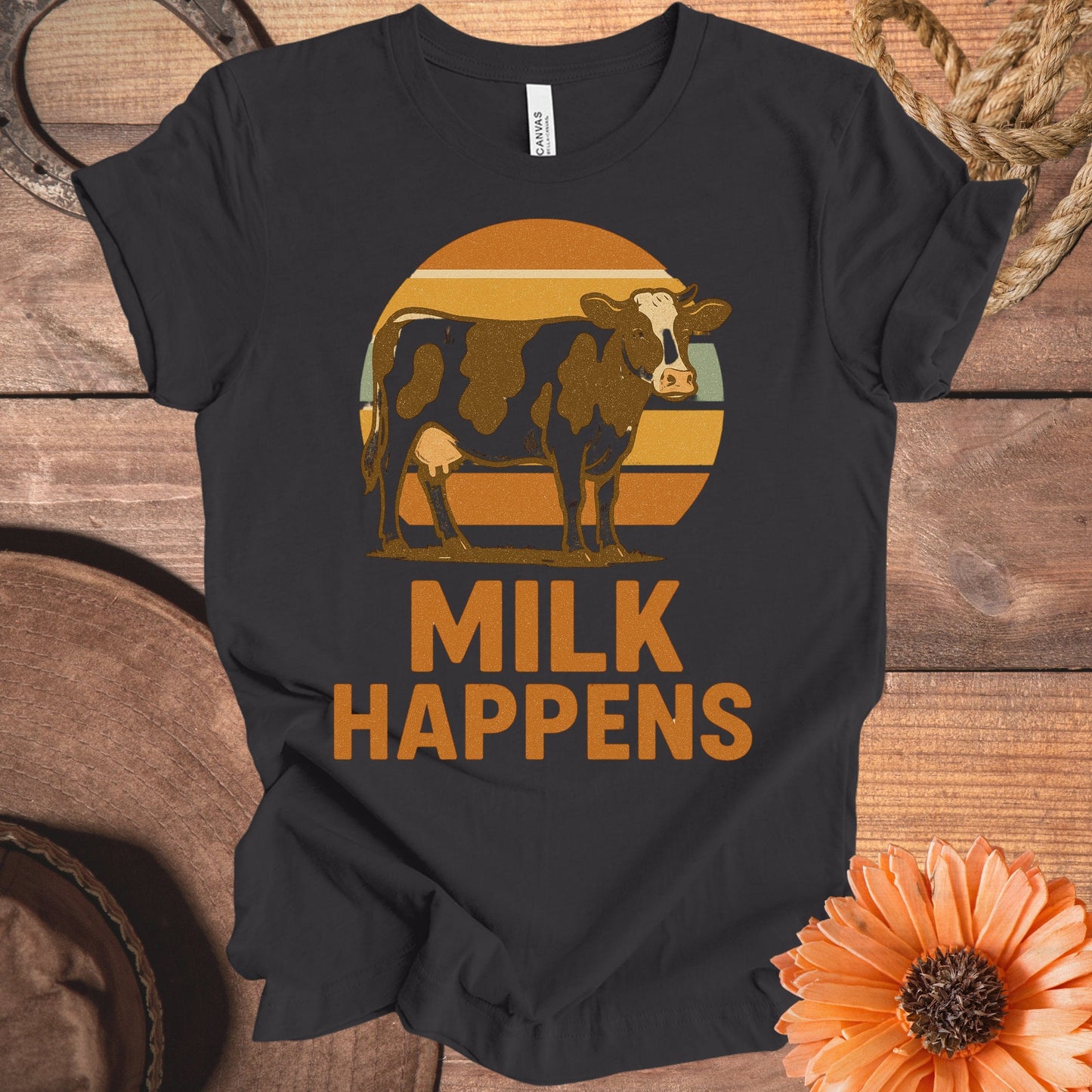 Milk Happens Retro Sunset Cow Graphic T-Shirt product