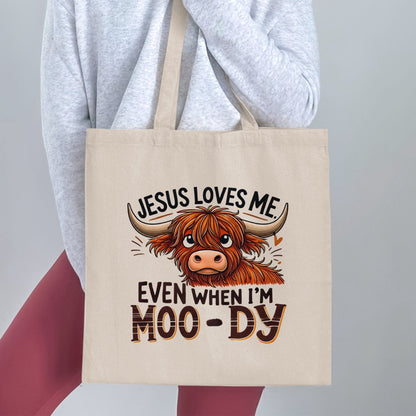 Jesus Loves Me Even When I'm Moo-Dy tote bag product type