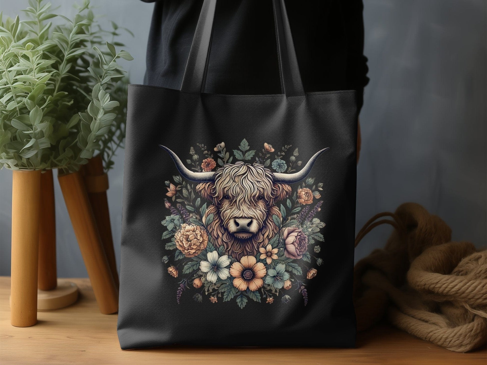 Highland Cow with Floral Background Tote Bag product type