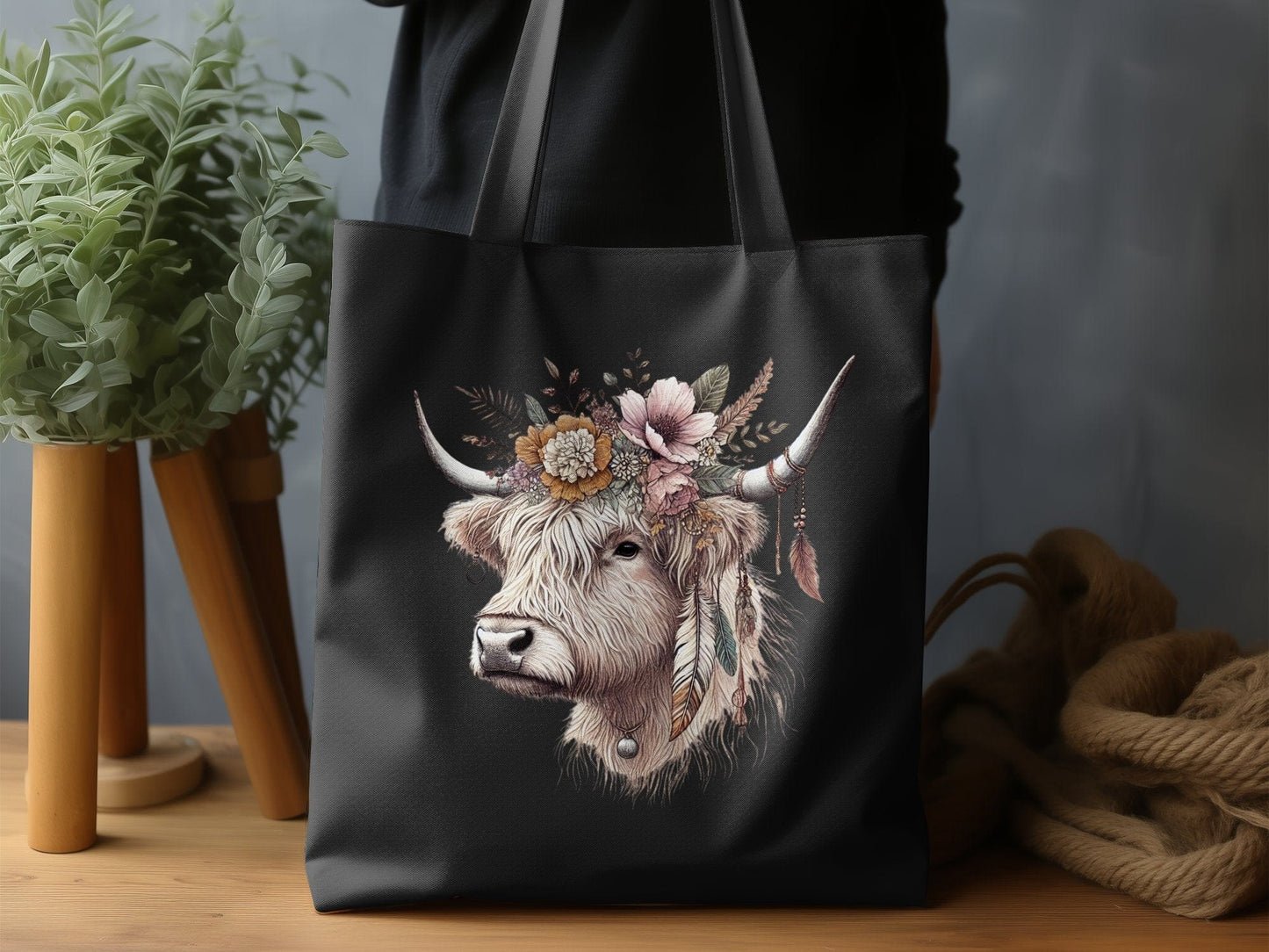 Highland Cow Floral Illustration Tote Bag product