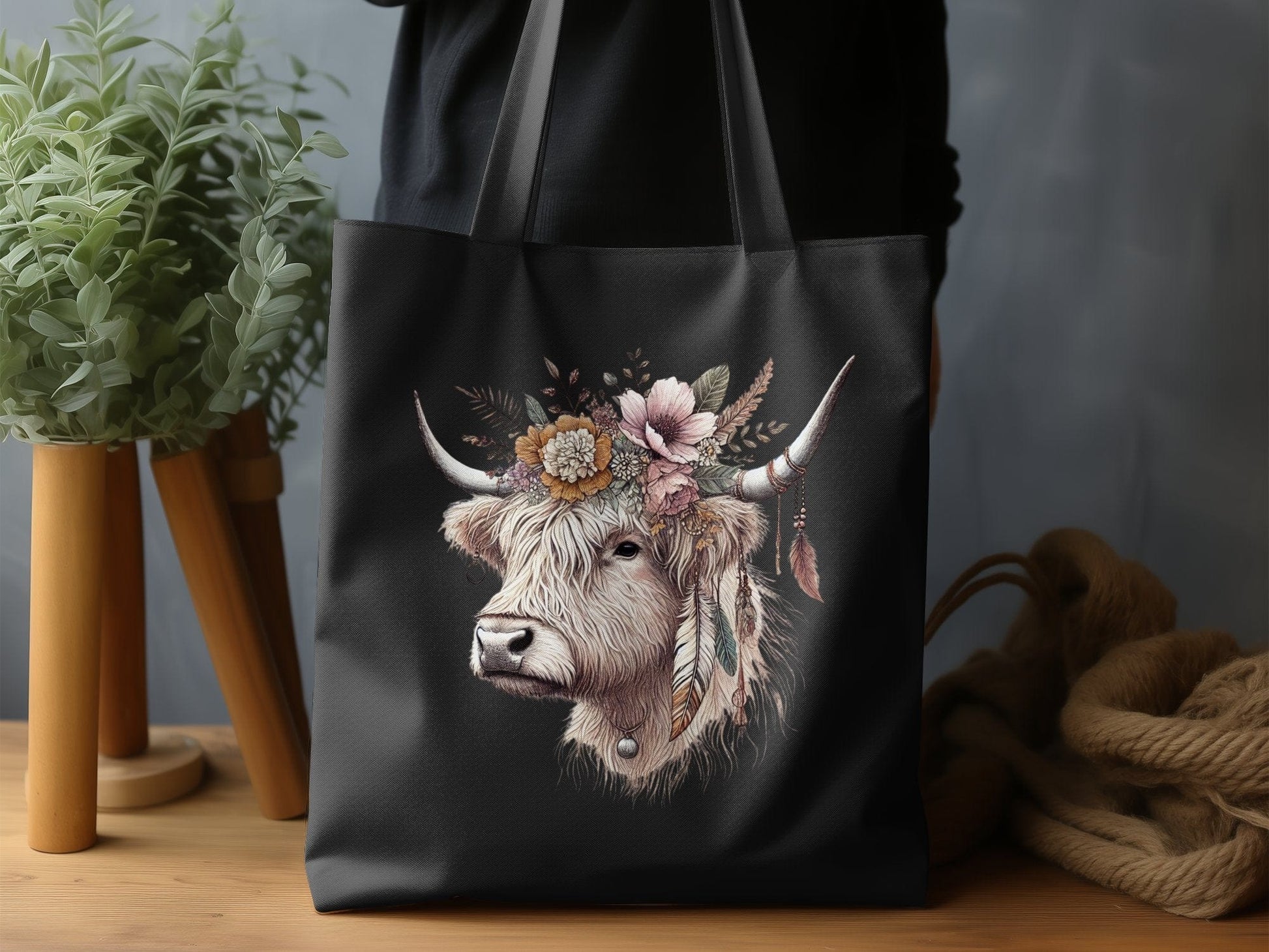 Highland Cow Floral Illustration Tote Bag product