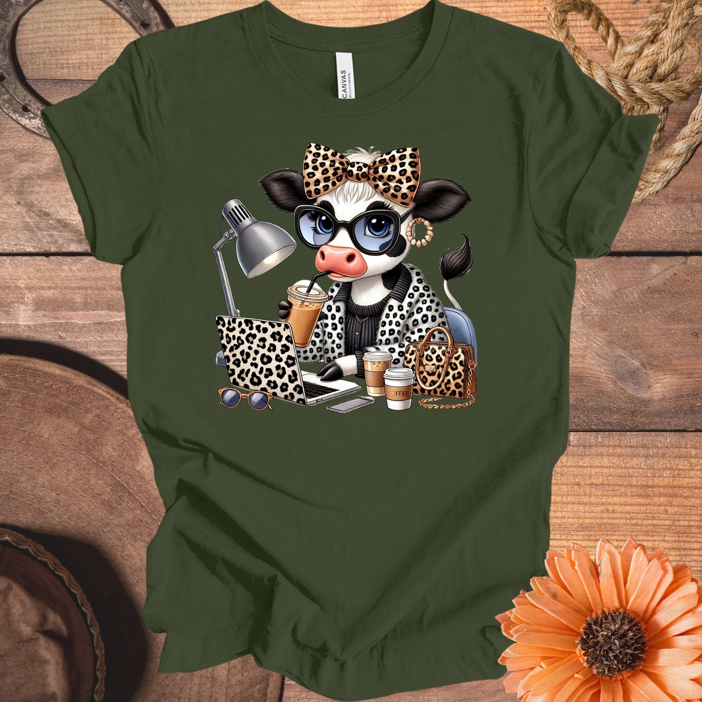 Trendy Cow Graphic Tee with Coffee and Leopard Print product