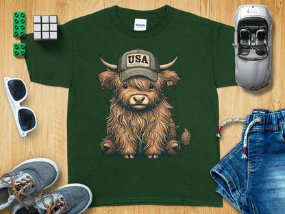 Adorable Highland Cow Wearing USA Hat T-Shirt product type