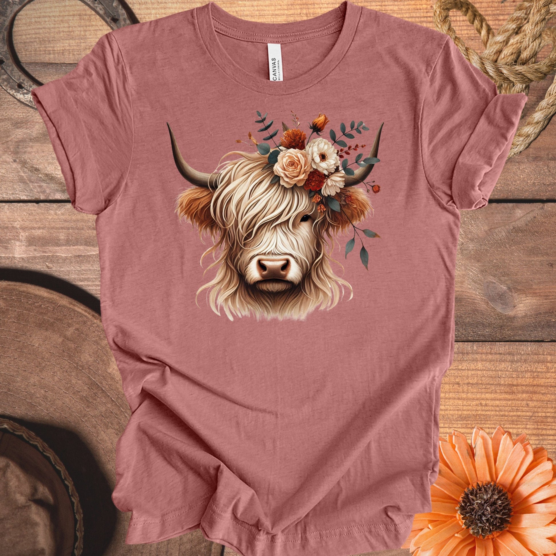 Highland Cow with Floral Crown Graphic Shirt product type