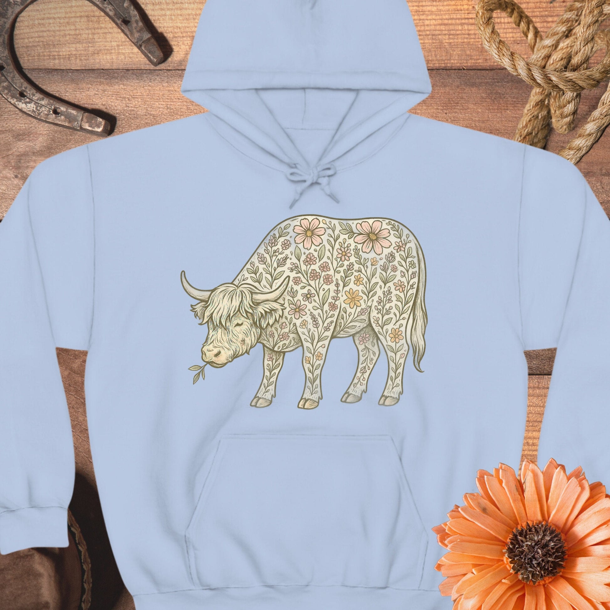 Floral Highland Cow Light Blue Hoodie product type