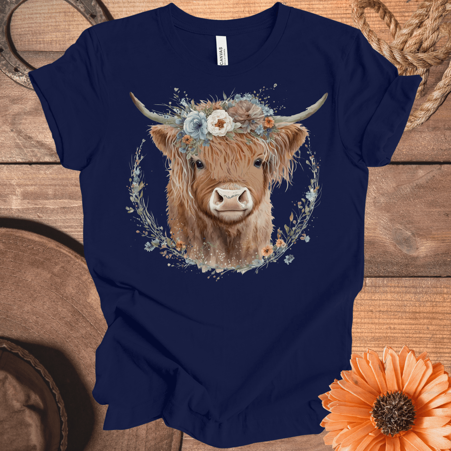 Highland Cow Watercolor Floral Crown Tee