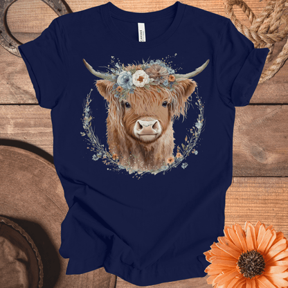 Highland Cow Watercolor Floral Crown Tee