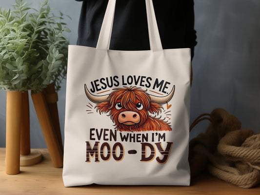 Jesus Loves Me Even When I'm MOO-DY bag product