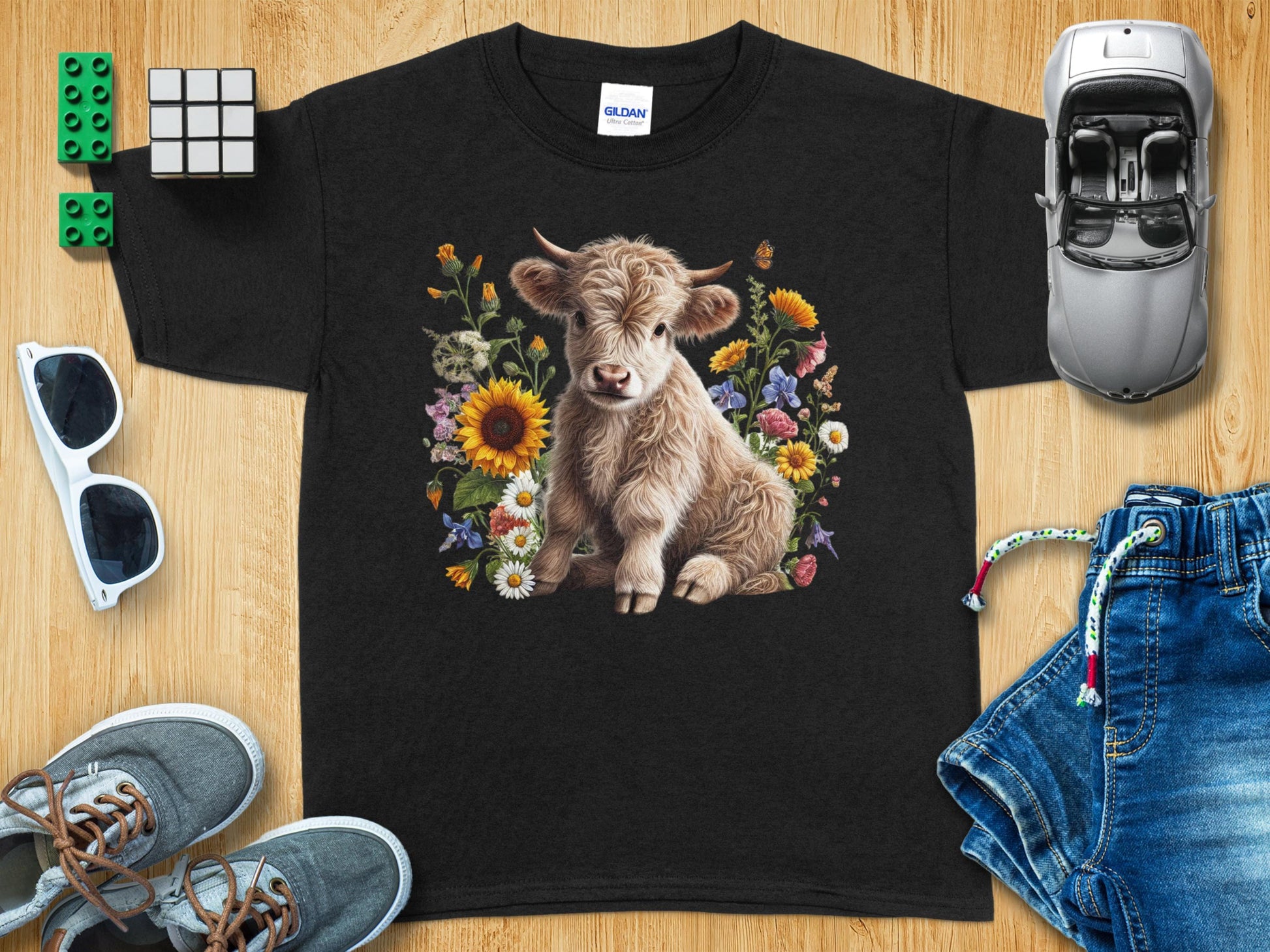 Cute Highland Cow and Floral Print Black T-Shirt product type