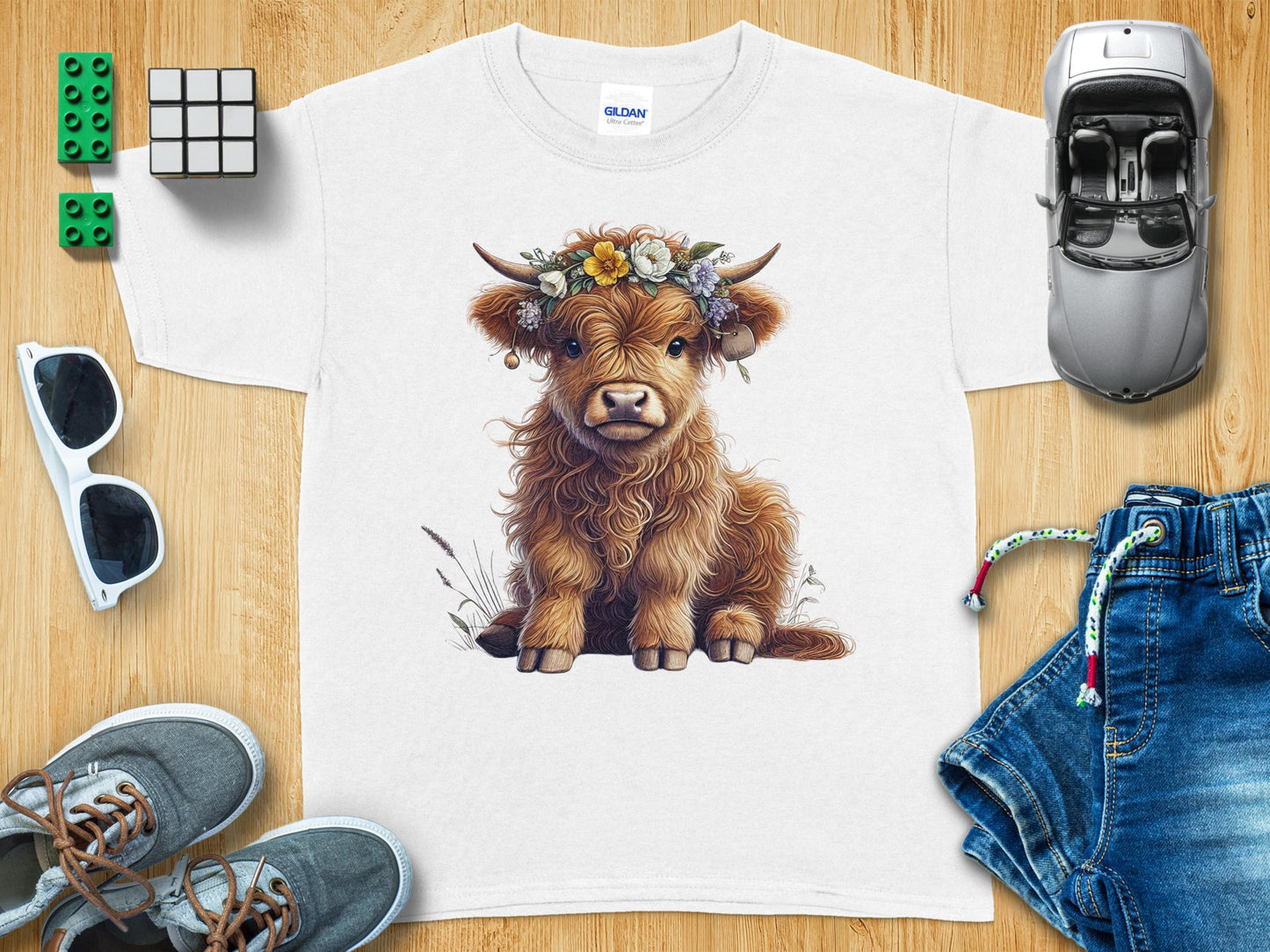 Adorable Highland Cow with Flower Crown Kids T-Shirt product type