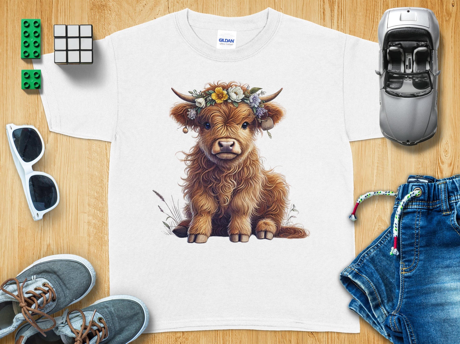 Adorable Highland Cow with Flower Crown Kids T-Shirt product type