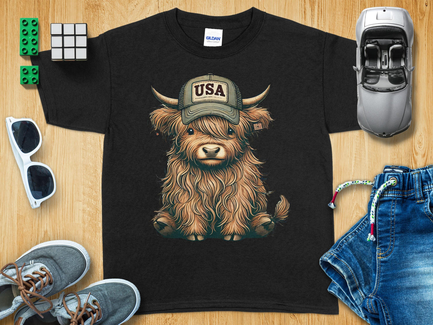 Cute Highland Cow USA Hat Graphic Tee Shirt product