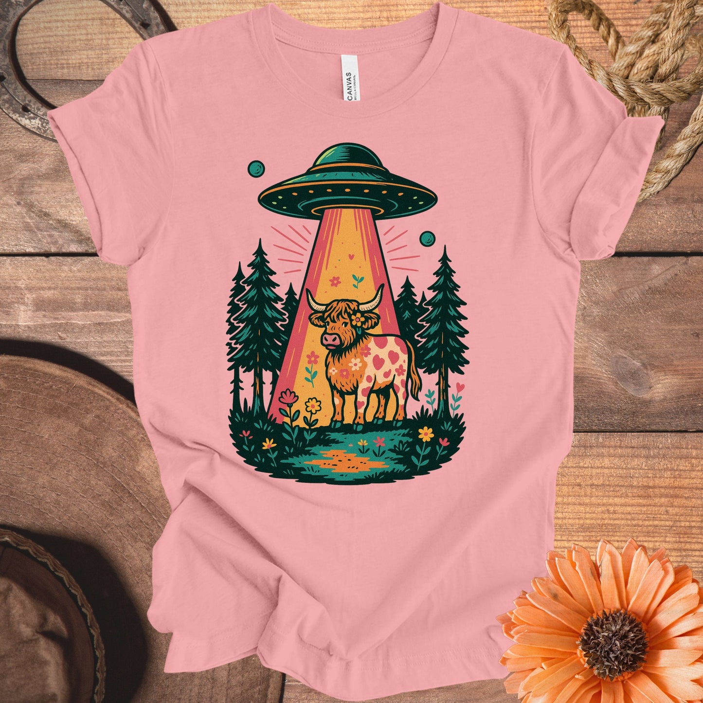 Alien Cow Spaceship Forest Pink T-Shirt product type