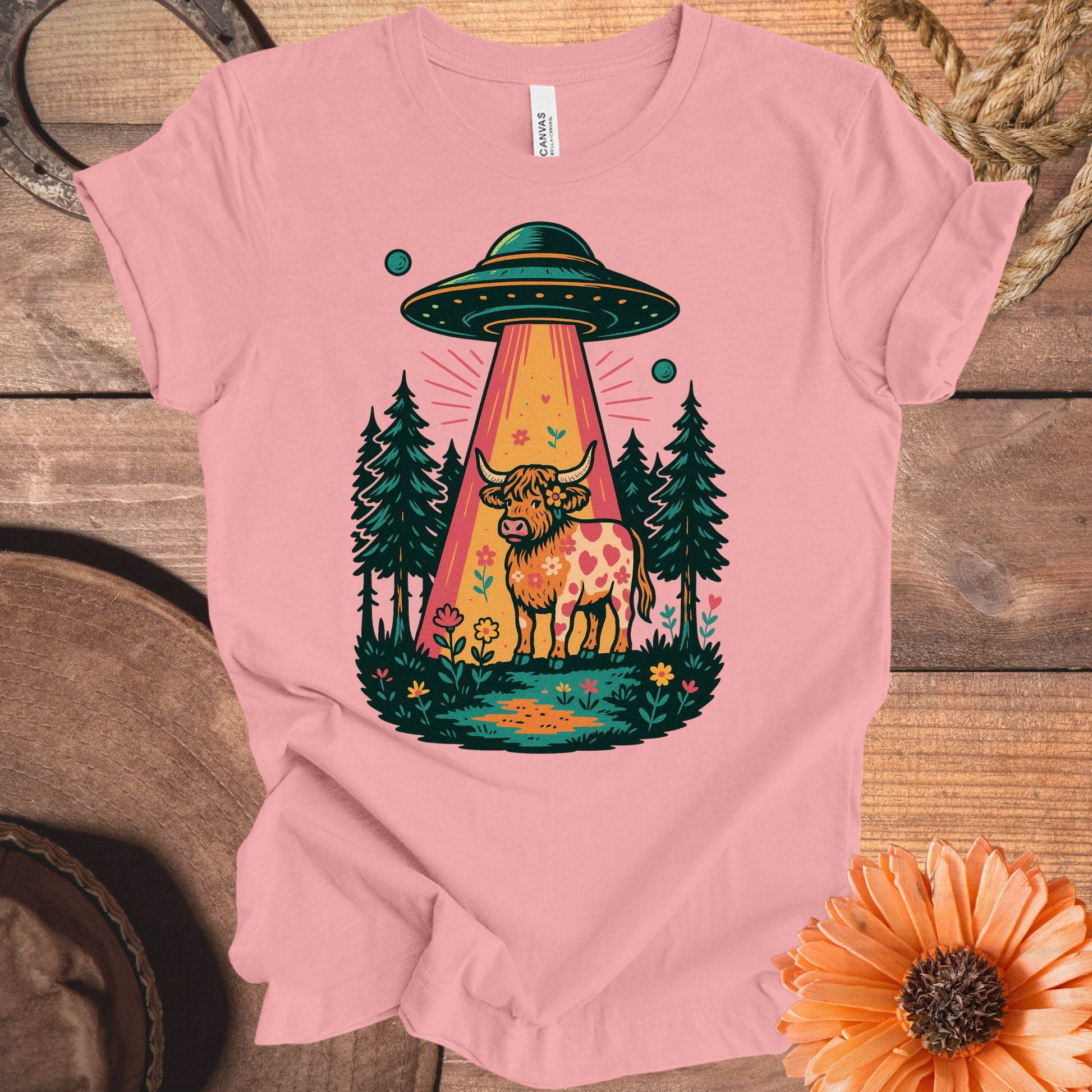 Alien Cow Spaceship Forest Pink T-Shirt product type