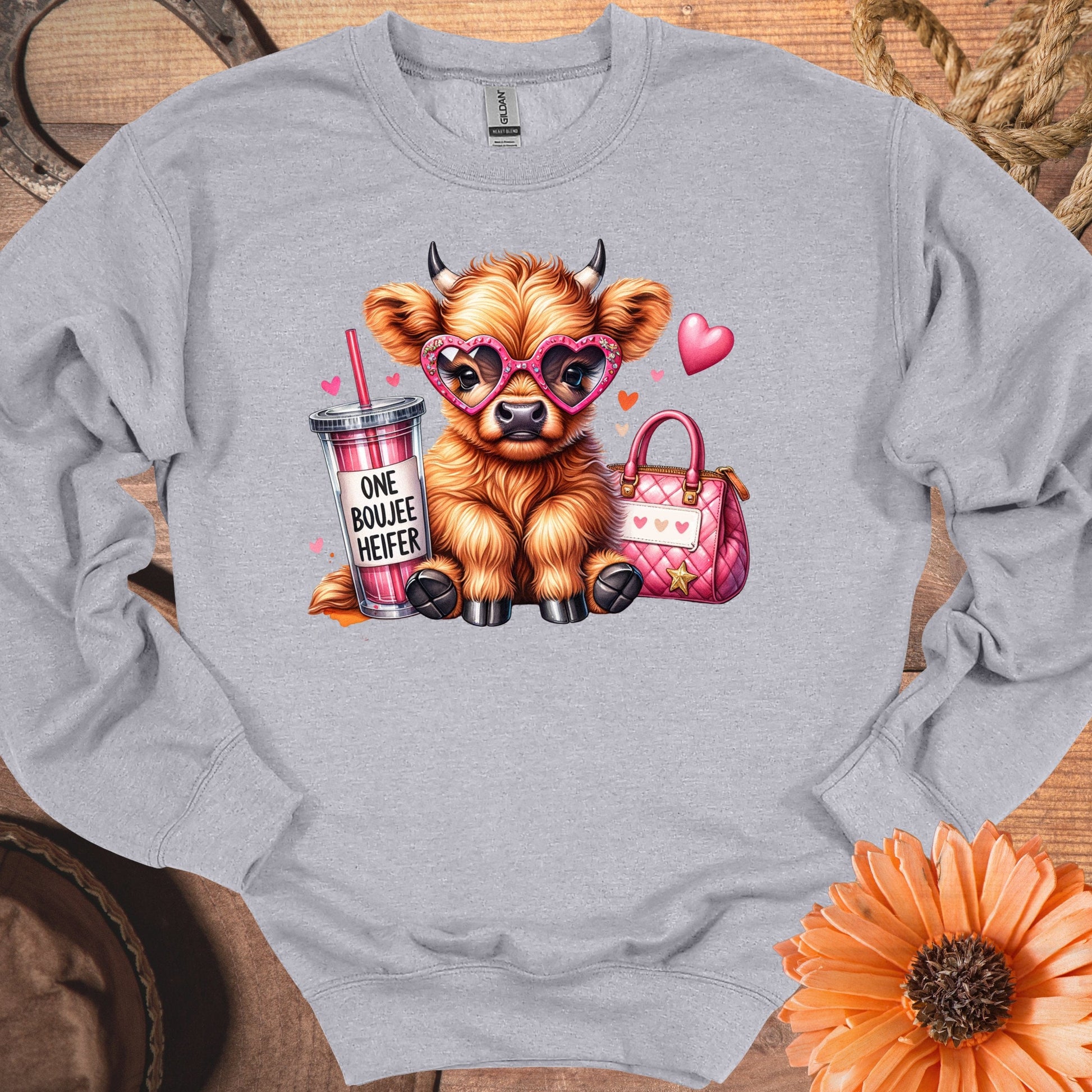 Cute Highland Cow Holding Drink and Bag Graphic Sweatshirt