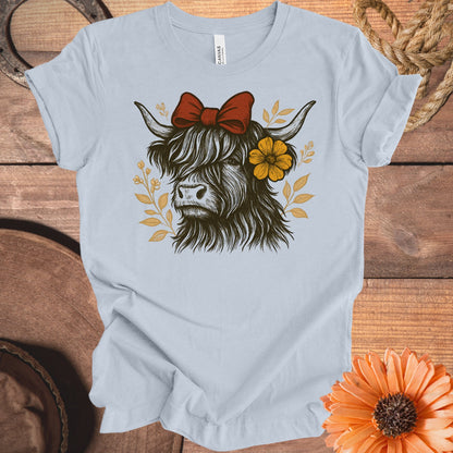 Highland Cow Red Bow and Yellow Flower Tee product