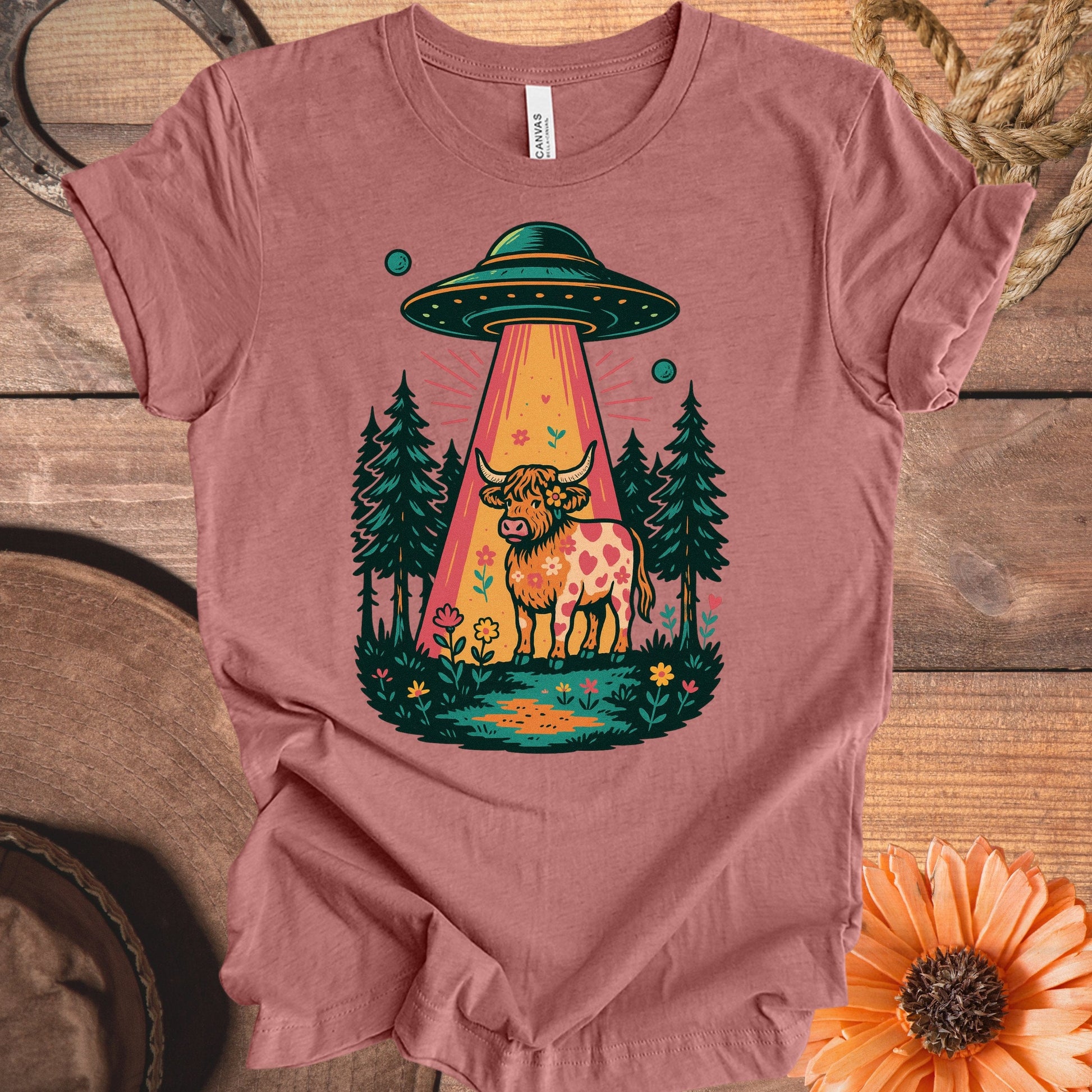 UFO Abducting Cow Cartoon Graphic Tee Shirt product type