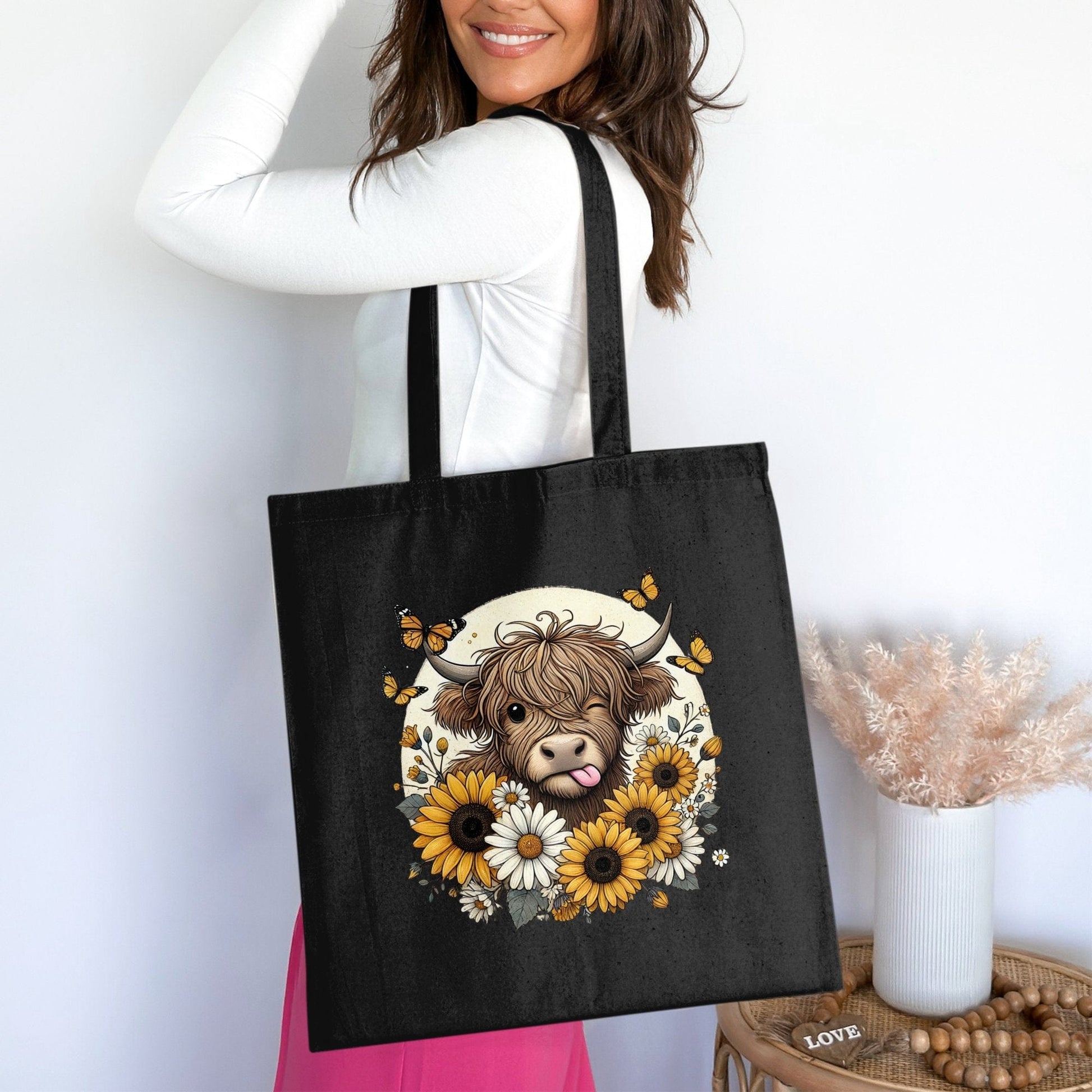 Highland Cow with Flowers and Butterflies Tote Bag product type