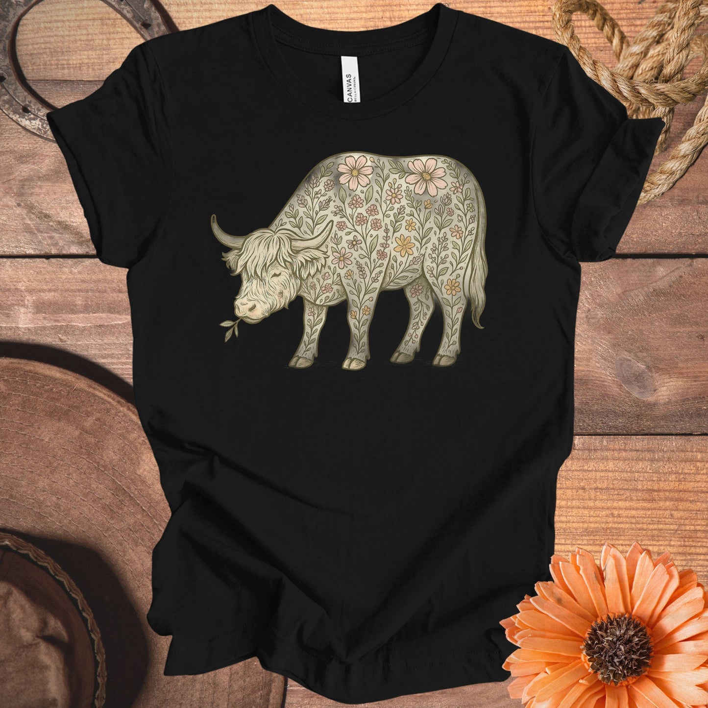Boho Floral Design Cow Black Relaxed Fit Tee product