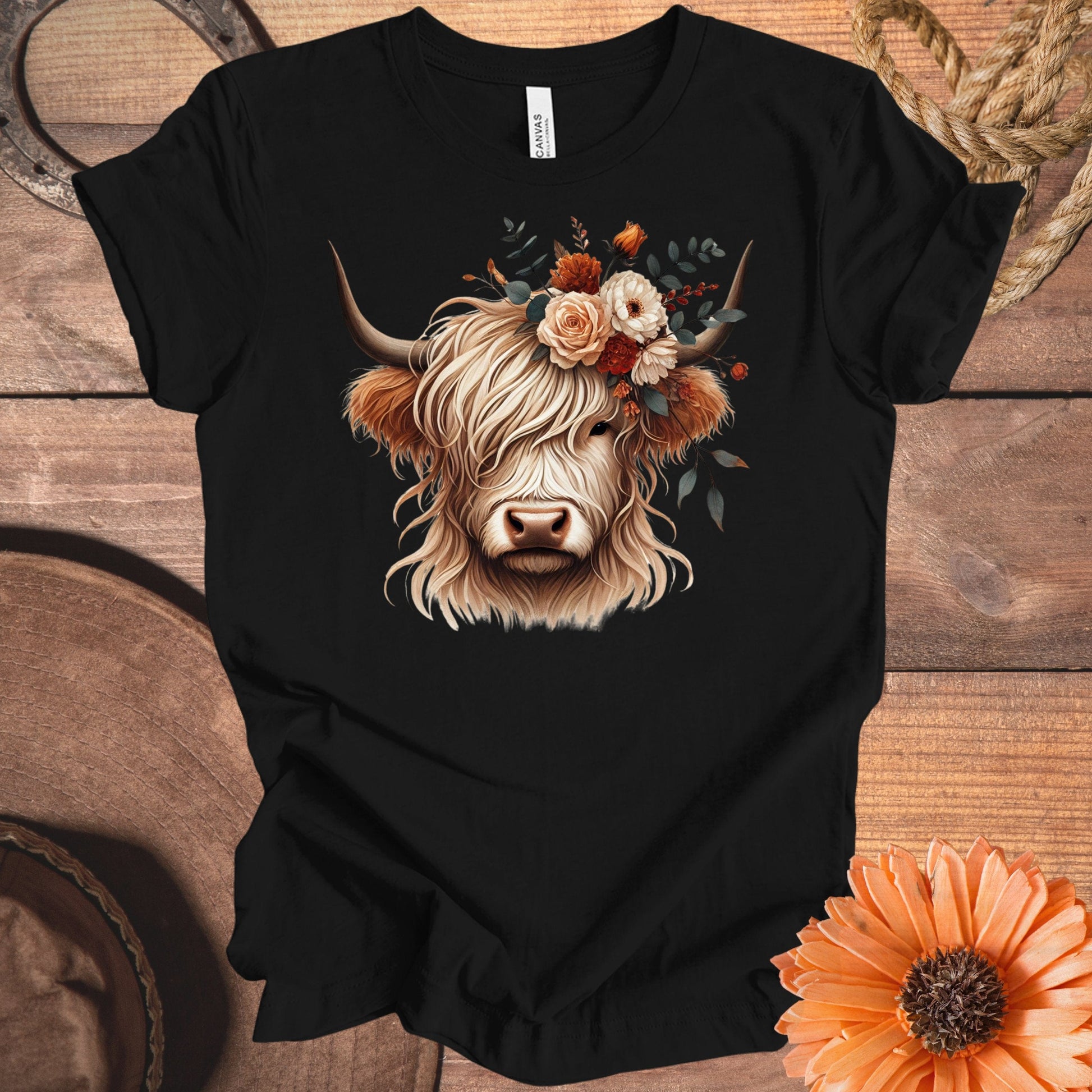 Highland Cow with Floral Wreath Graphic Tee product