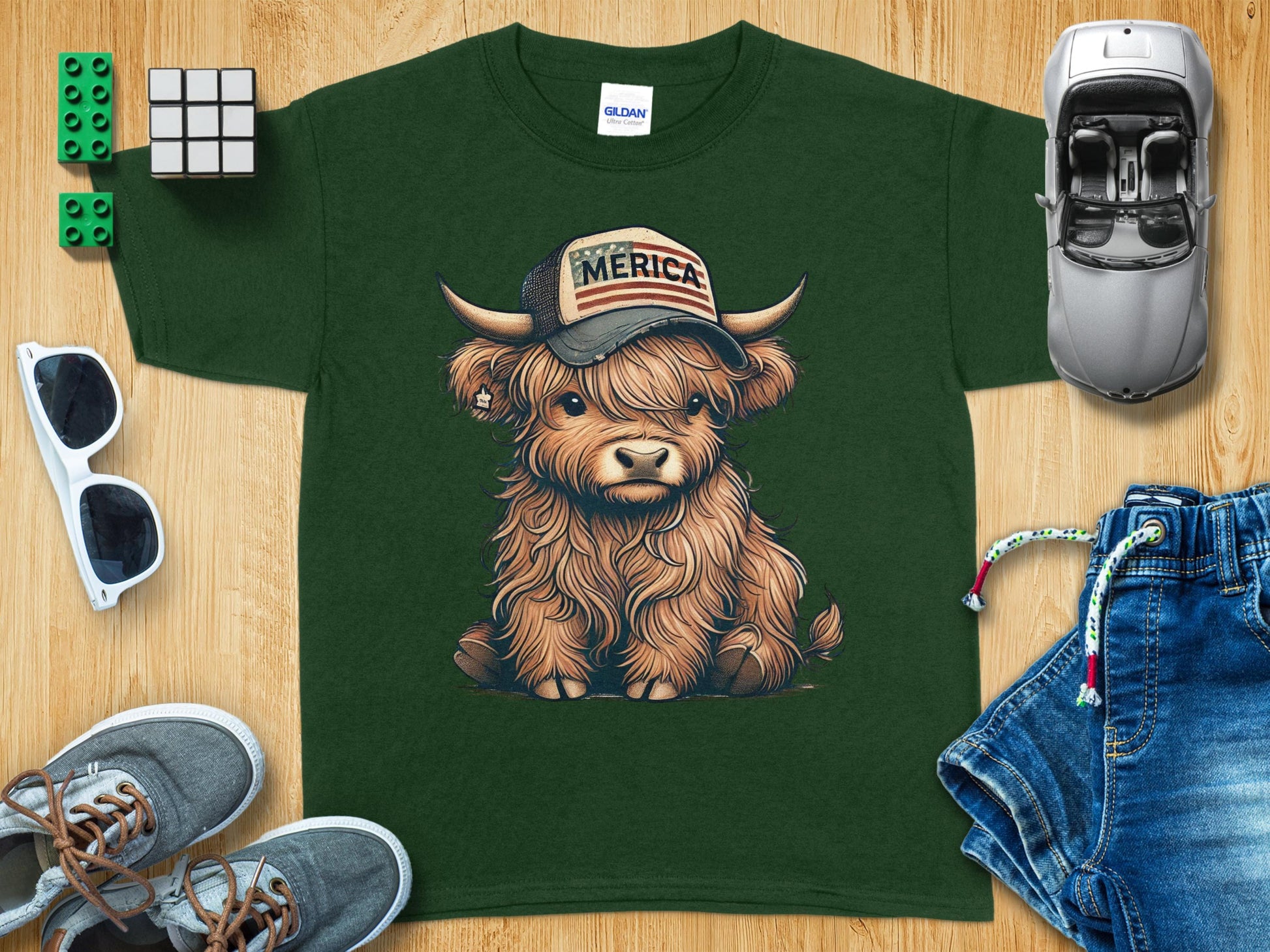 Adorable Highland Cow in America Cap Kids T-Shirt product