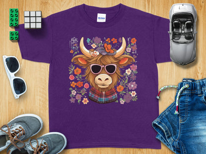 Highland Cow Purple T-Shirt with Sunglasses and Flowers product type