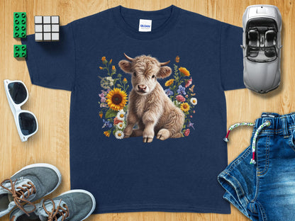Adorable Highland Cow and Flowers Kids T-Shirt product