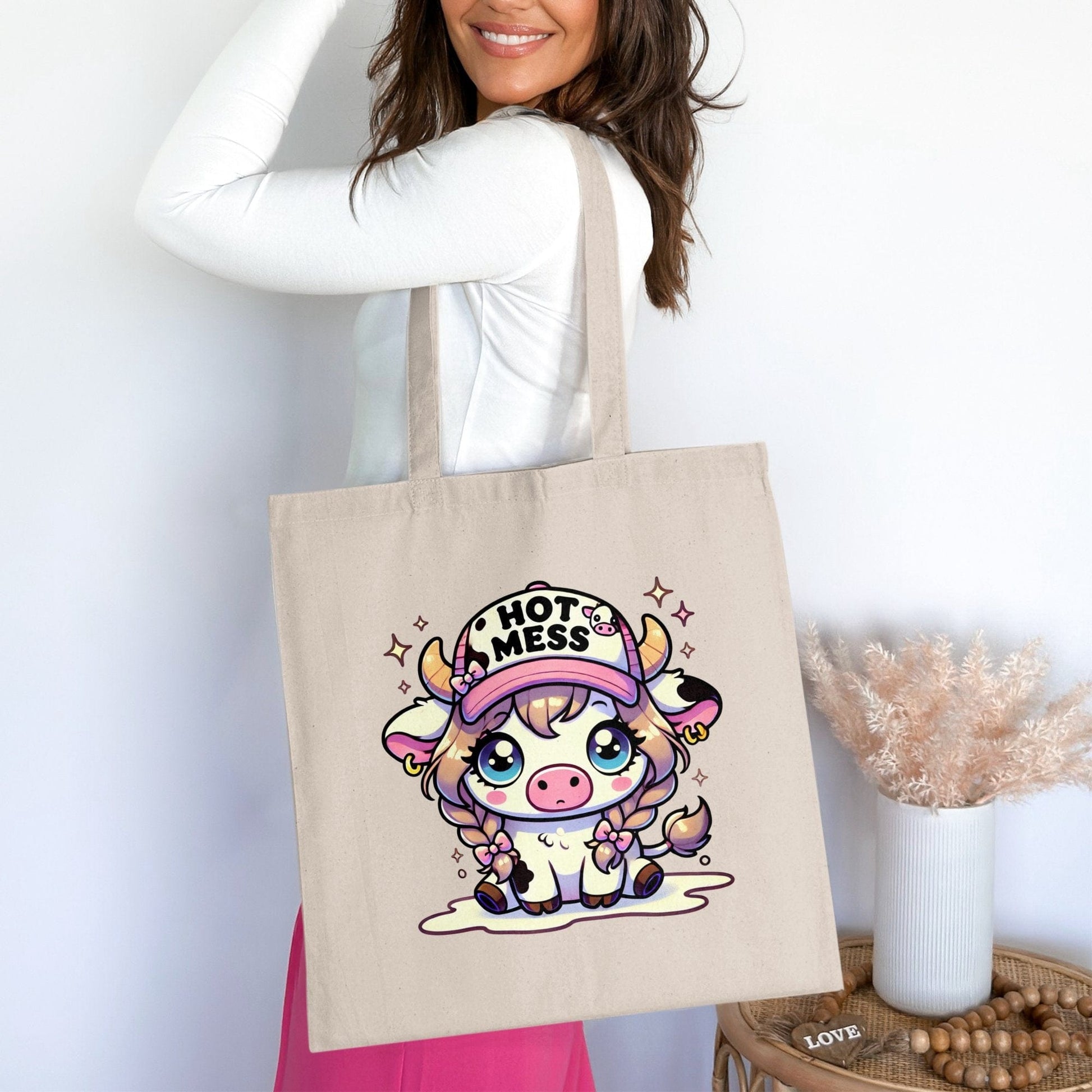 Cute Hot Mess Cow Character Printed Tote Bag product type