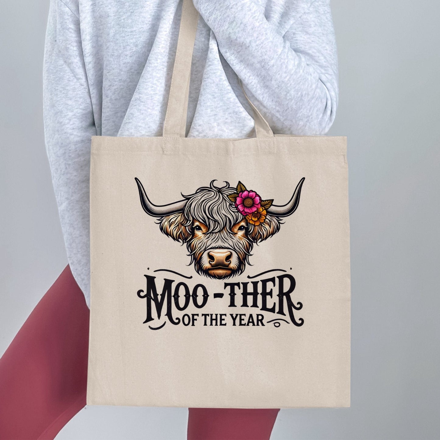 Moo-ther of the Year Highland Cow Print Tote Bag