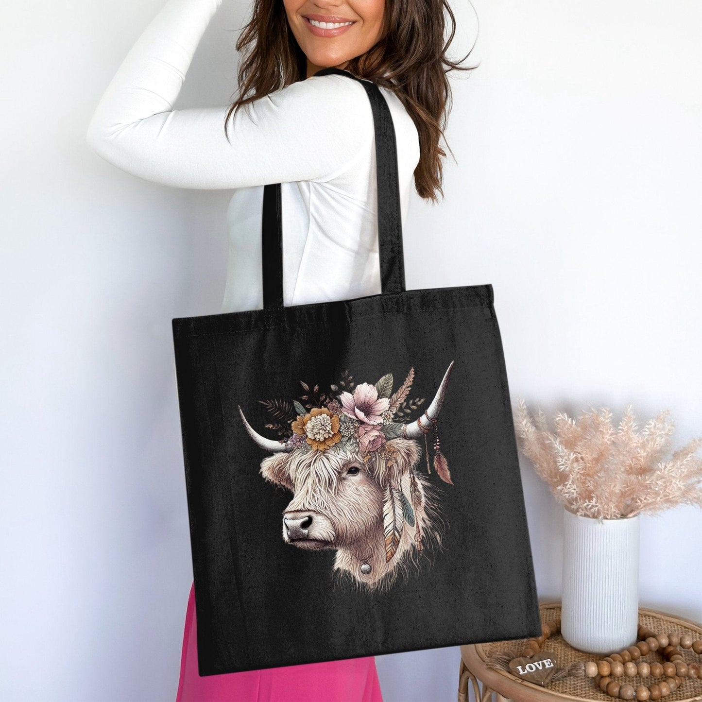 Floral Highland Cow Design Tote Bag product type