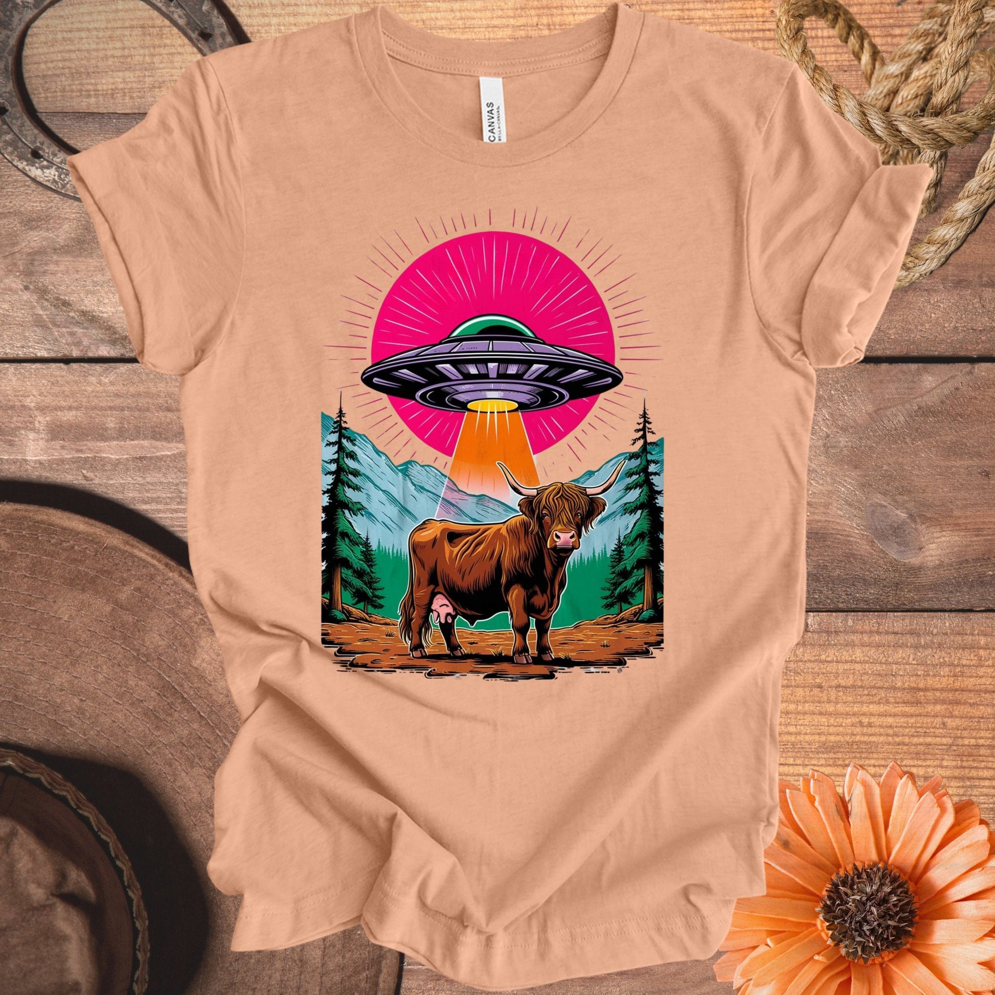 Alien Abduction Scene with Highland Cow T-shirt product type