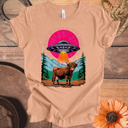 Alien Abduction Scene with Highland Cow T-shirt product type