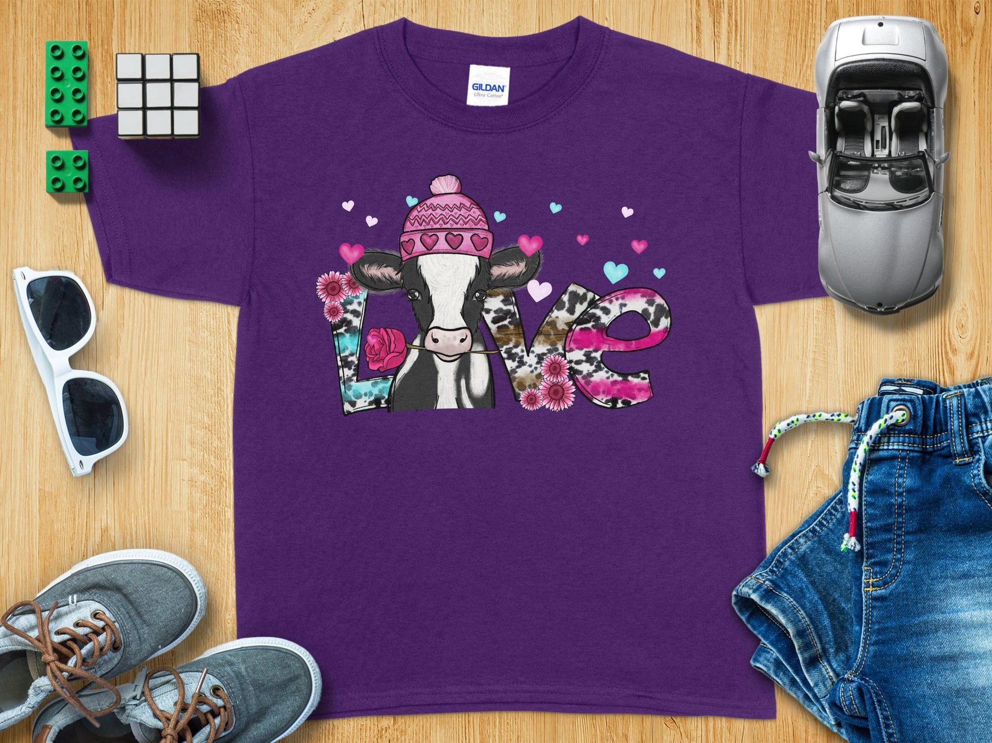 Cute Love Themed Cow Print Purple Shirt Clothing Product