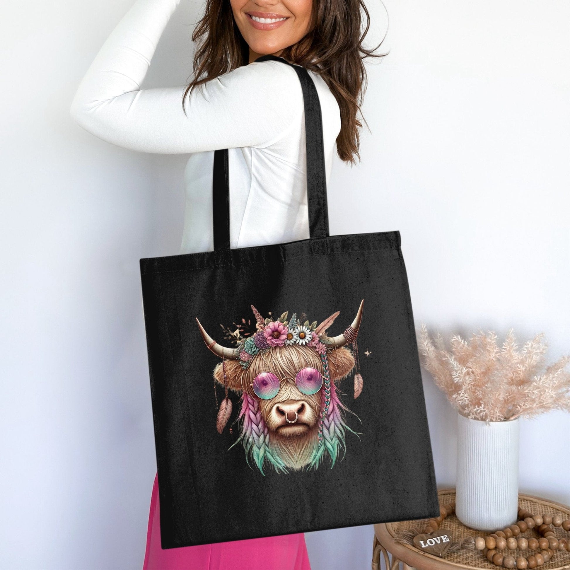 Colorful Cow with Flower Crown Black Tote Bag product type