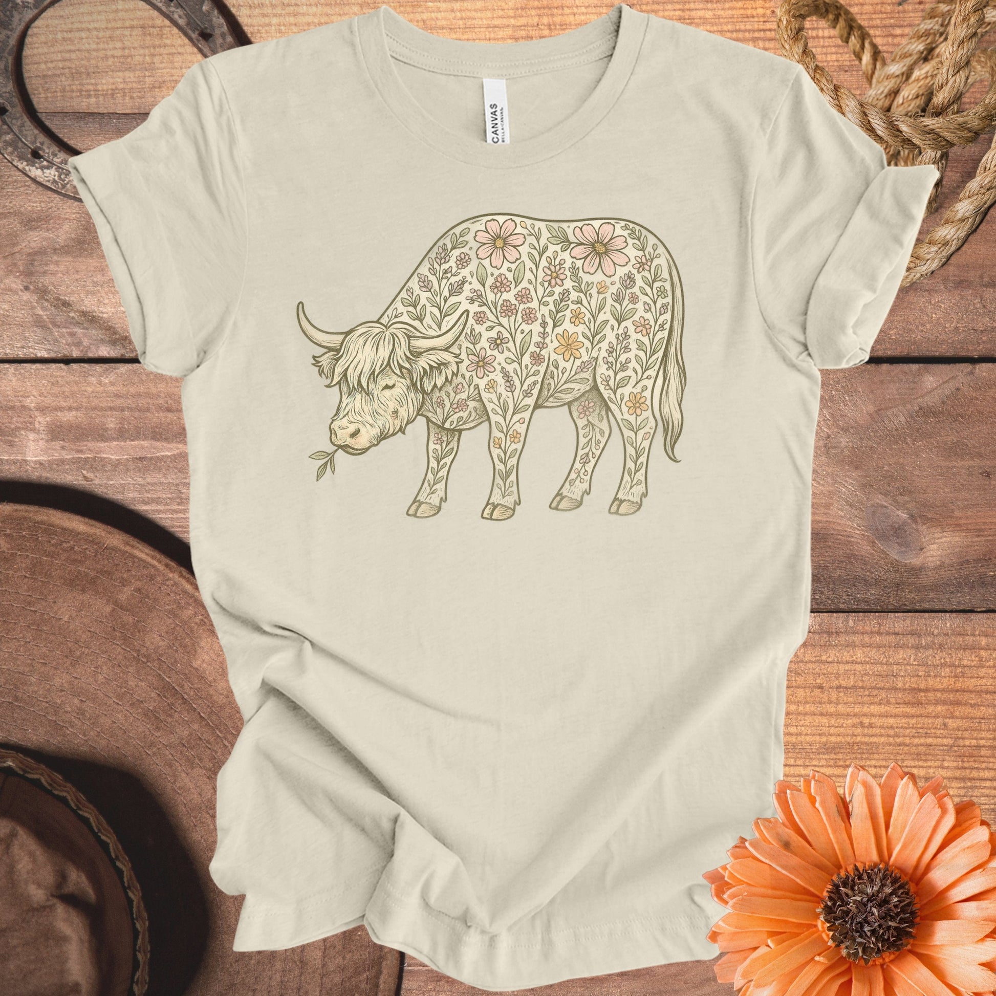 Floral Design Highland Cow Graphic Tee Shirt product