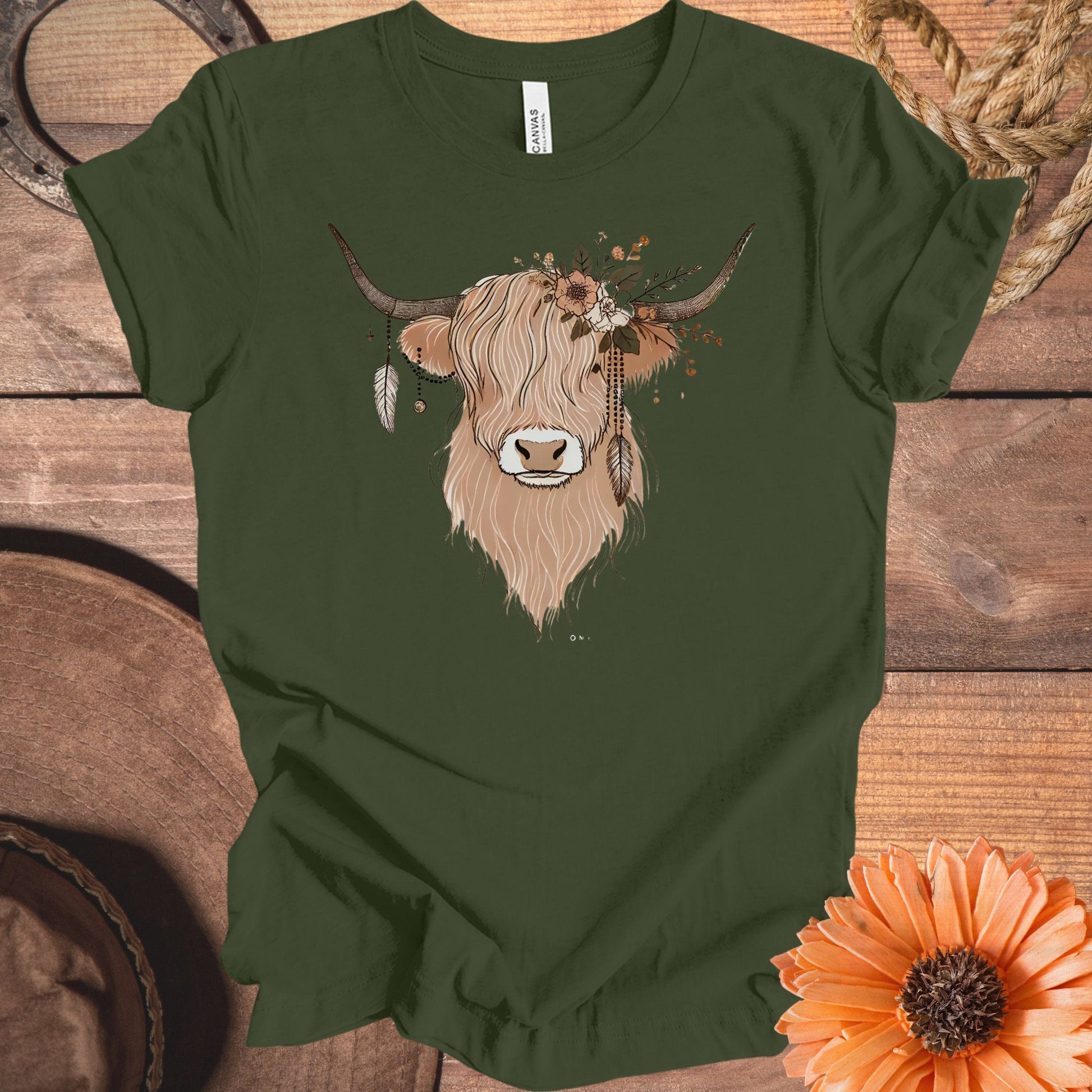 Floral Highland Cow Graphic T-Shirt with Feathers product type