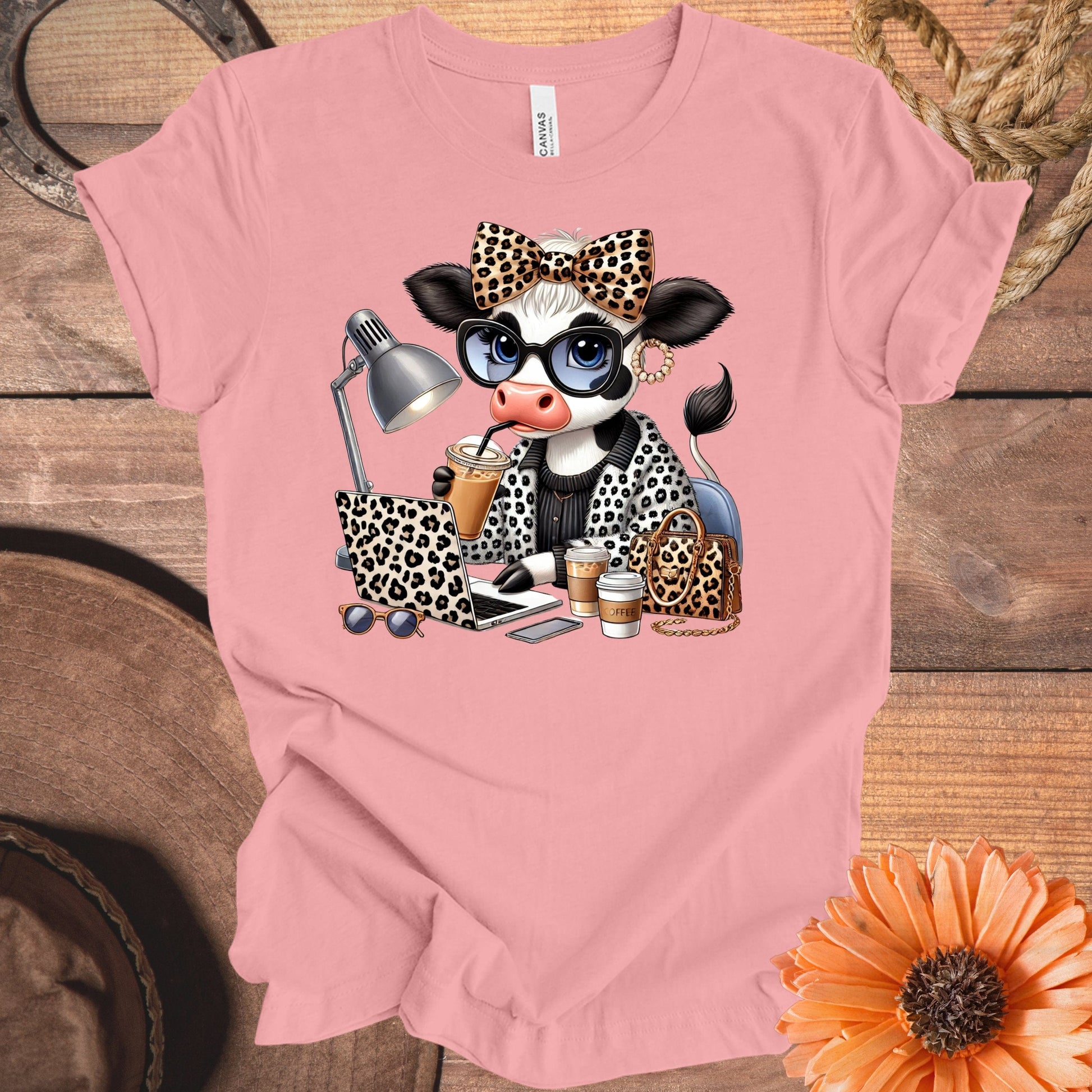 Cute Cow with Coffee and Laptop Graphic Tee product