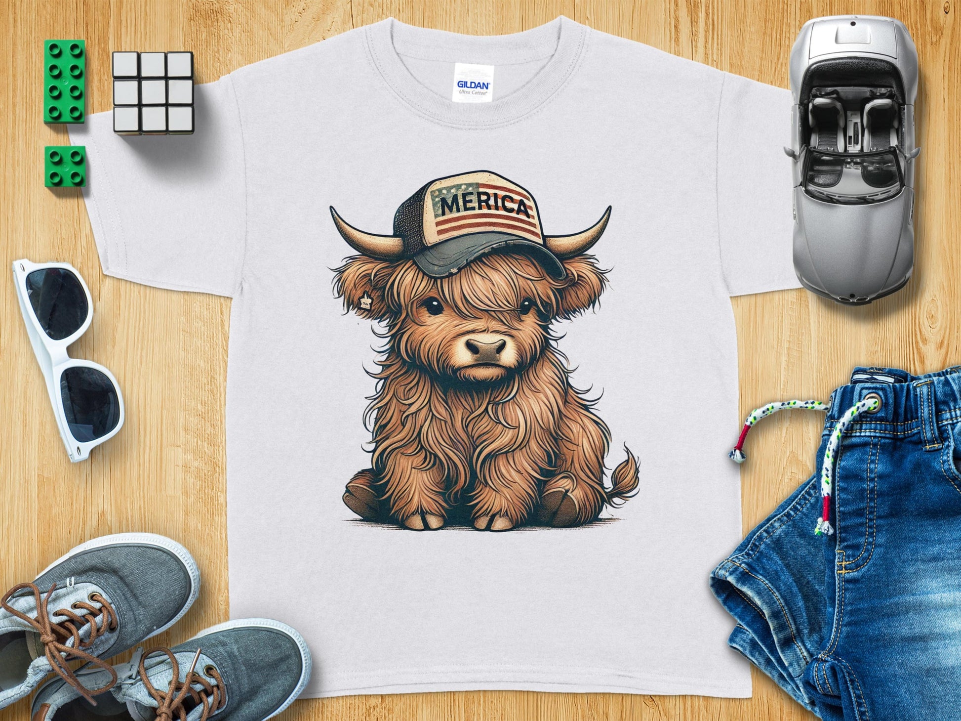 Cute Highland Cow Kid Wearing Cap T-shirt product