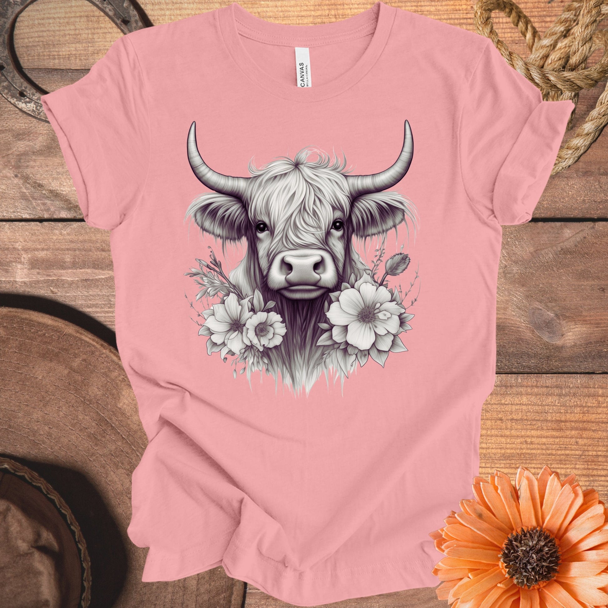 Highland Cow Floral Art on Pink T-Shirt product type