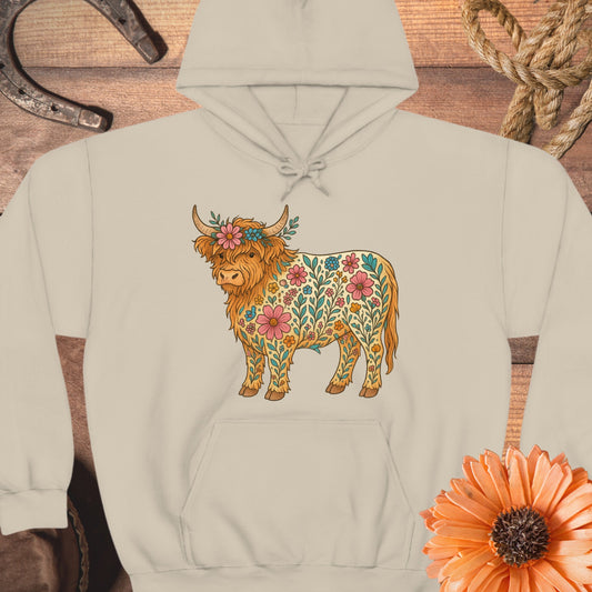 Floral Highland Cow Design Hoodie product type