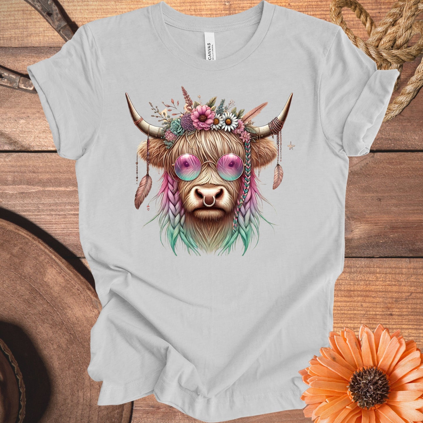 Boho Chic Cow with Floral and Feather Accents Shirt product